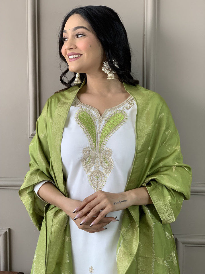 Stunning White Suit | Chanderi Viscose top bottom with Jacquard Silk dupatta
