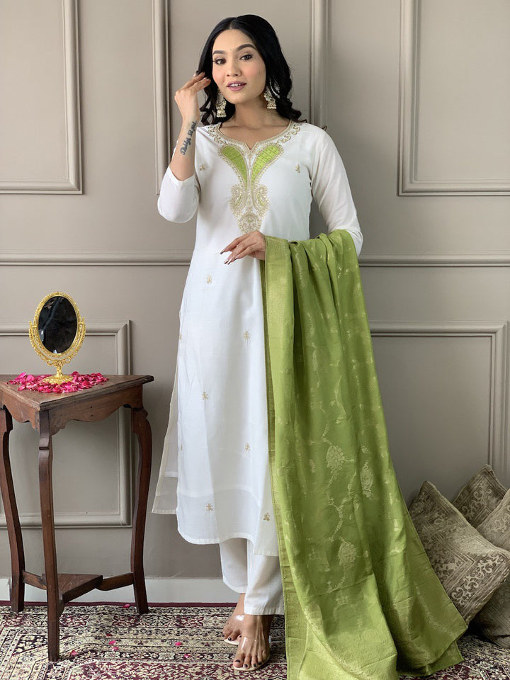 Stunning White Suit | Chanderi Viscose top bottom with Jacquard Silk dupatta