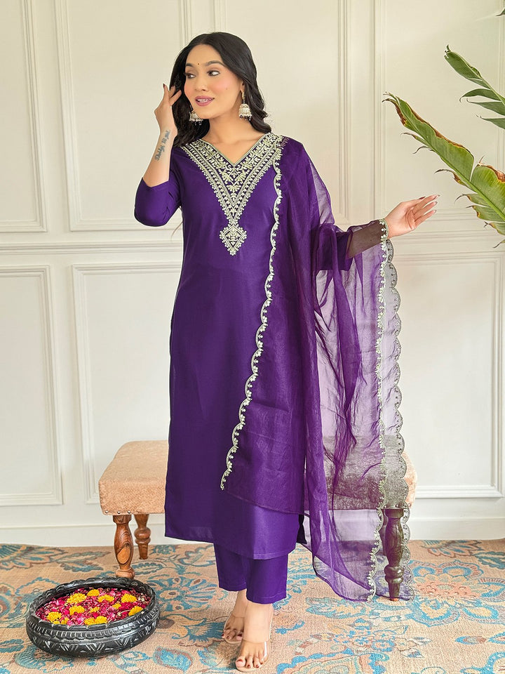 Elegant Purple Suit | Viscose Rayon top bottom with Organza dupatta