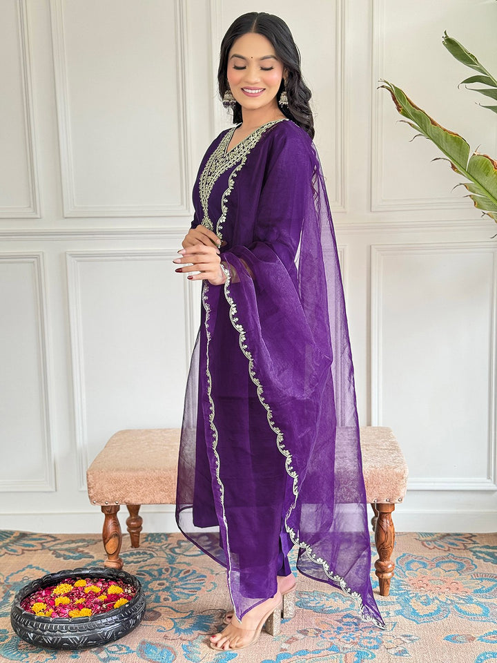 Elegant Purple Suit | Viscose Rayon top bottom with Organza dupatta