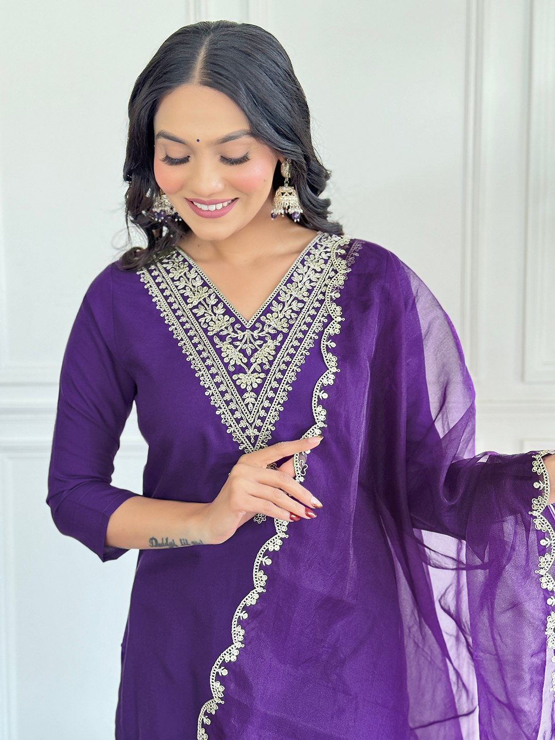 Elegant Purple Suit | Viscose Rayon top bottom with Organza dupatta