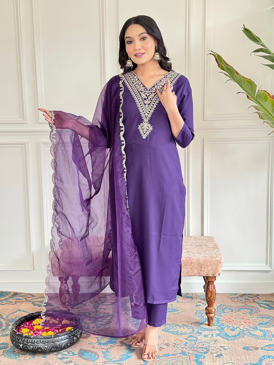 Elegant Purple Suit | Viscose Rayon top bottom with Organza dupatta