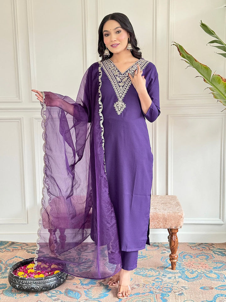 Elegant Purple Suit | Viscose Rayon top bottom with Organza dupatta