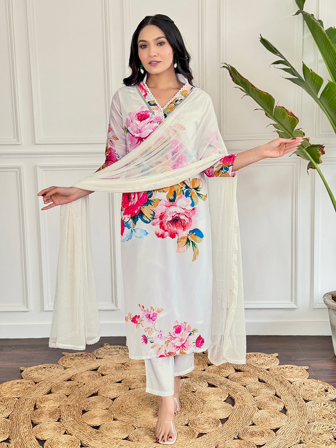 Elegant White French Crepe Top Matched with Viscose Rayon Bottom | Enhanced by a Beautiful Nazmin
