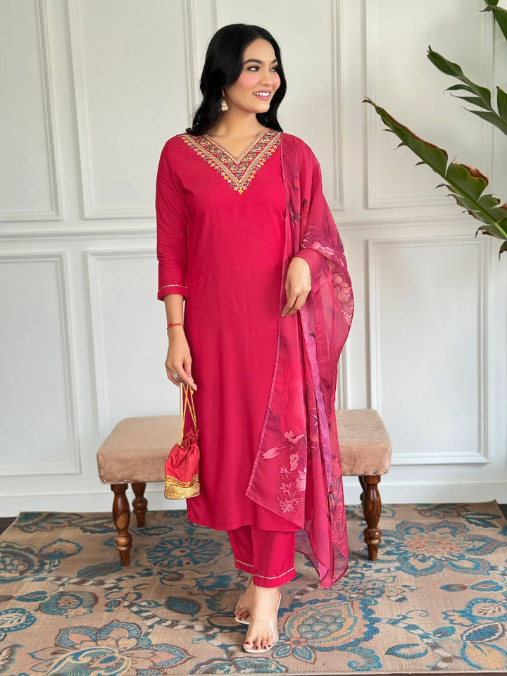 Graceful Red Suit | Viscose Rayon top bottom with Silk Blend dupatta