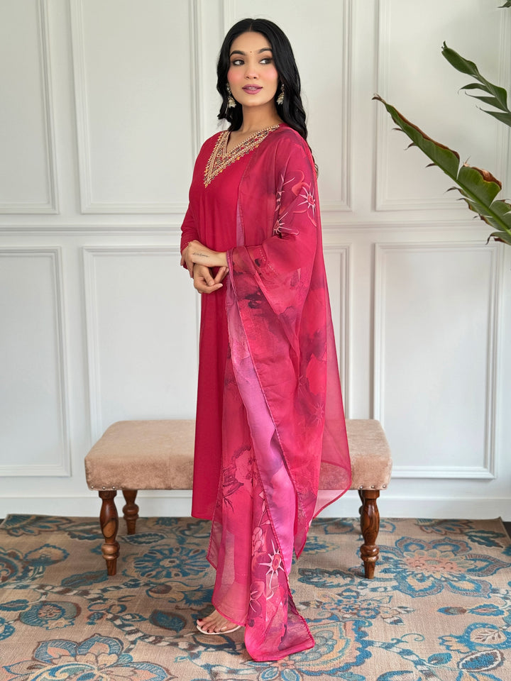 Graceful Red Suit | Viscose Rayon top bottom with Silk Blend dupatta