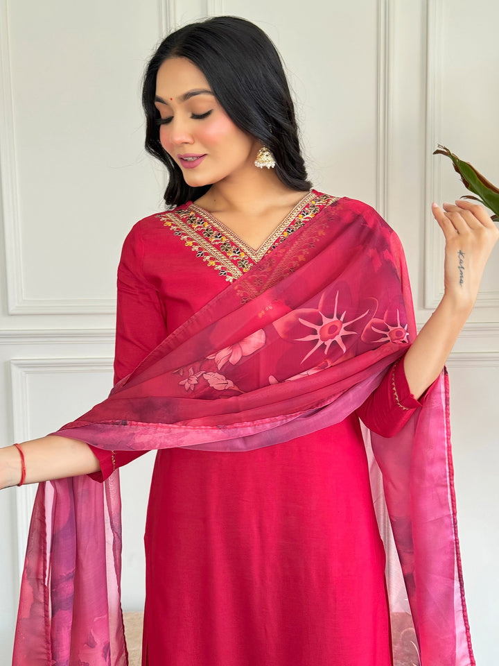 Graceful Red Suit | Viscose Rayon top bottom with Silk Blend dupatta