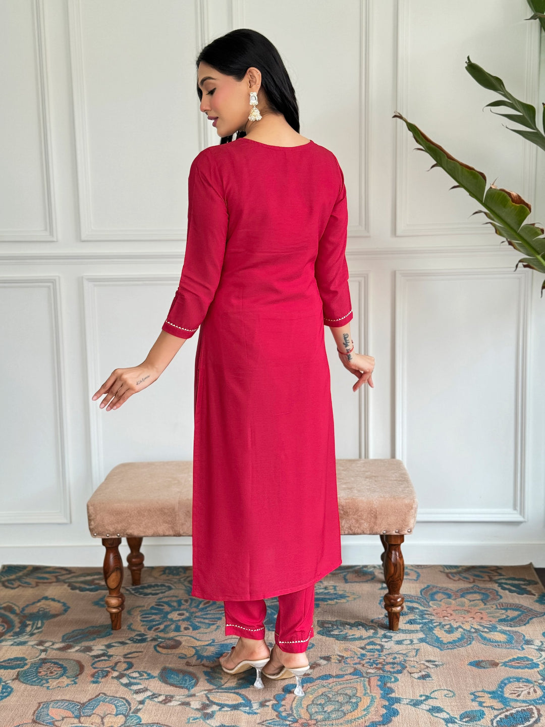 Graceful Red Suit | Viscose Rayon top bottom with Silk Blend dupatta