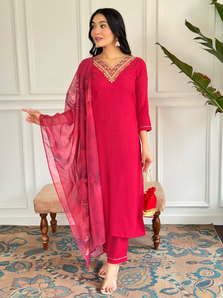 Graceful Red Suit | Viscose Rayon top bottom with Silk Blend dupatta