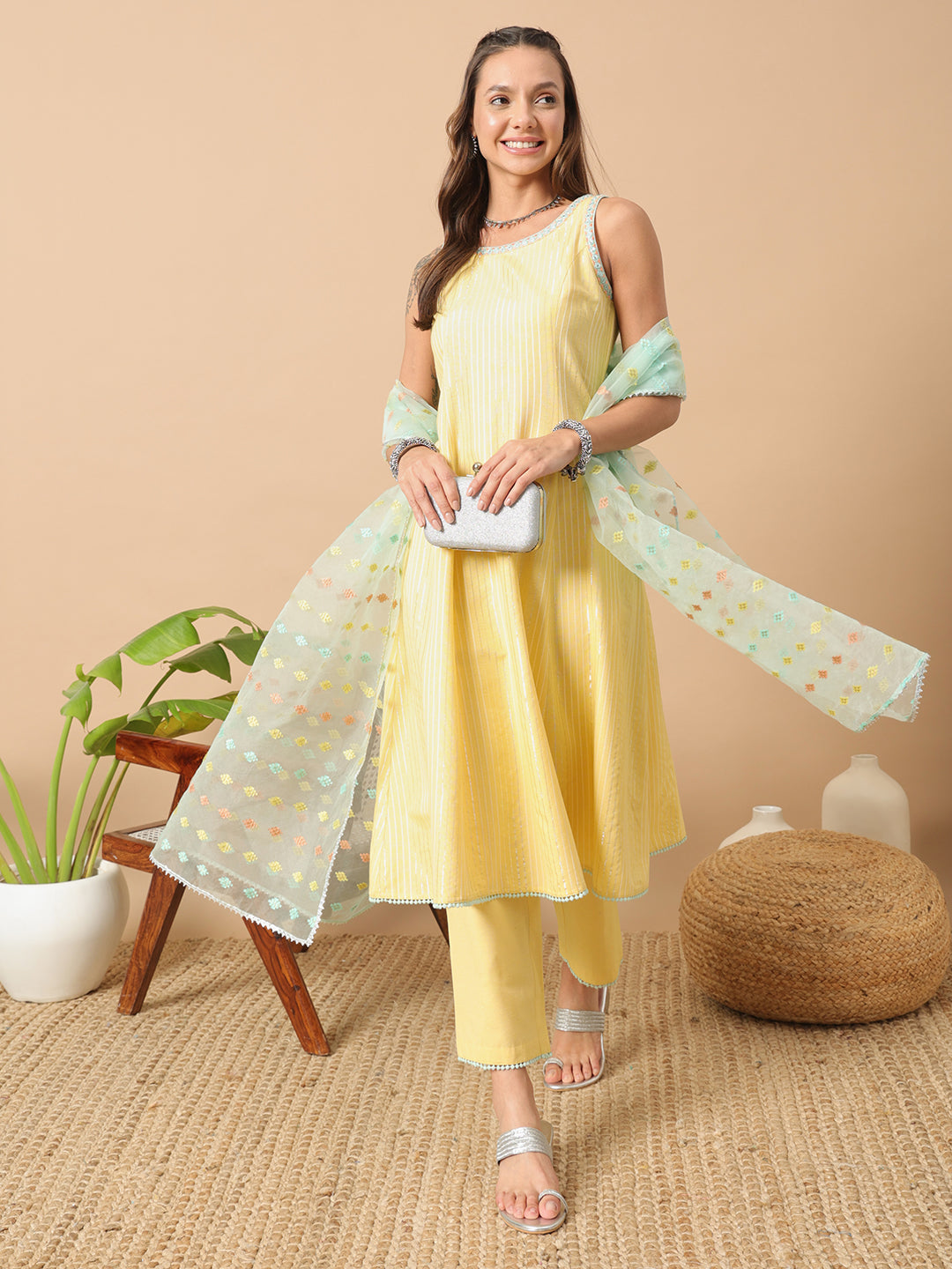 Graceful Light Yellow Suit | Lurex Cotton top bottom with Net dupatta