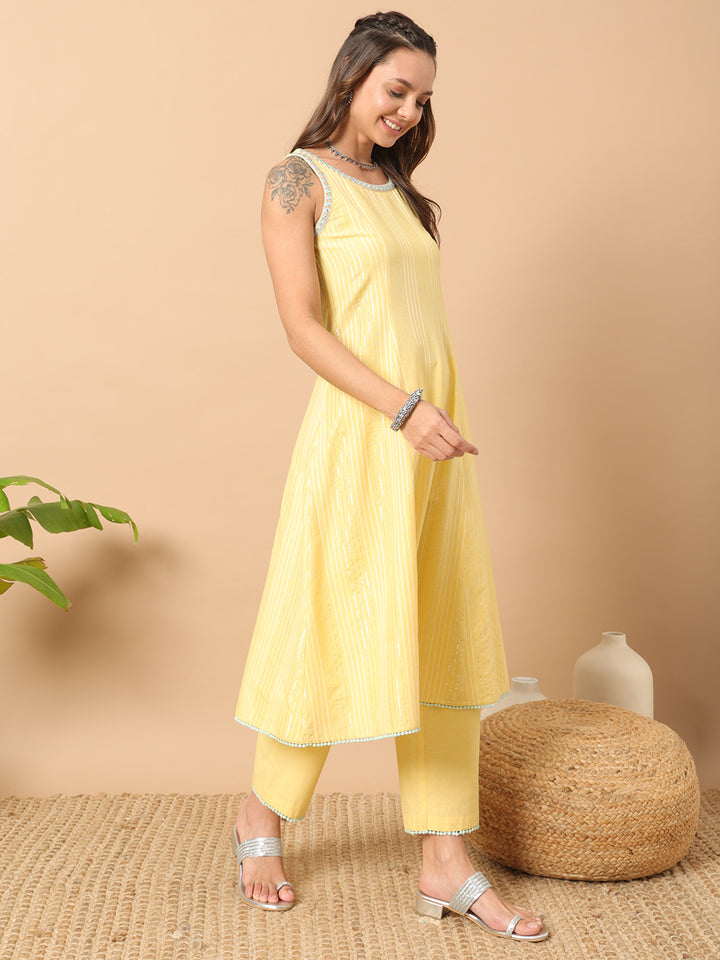 Graceful Light Yellow Suit | Lurex Cotton top bottom with Net dupatta