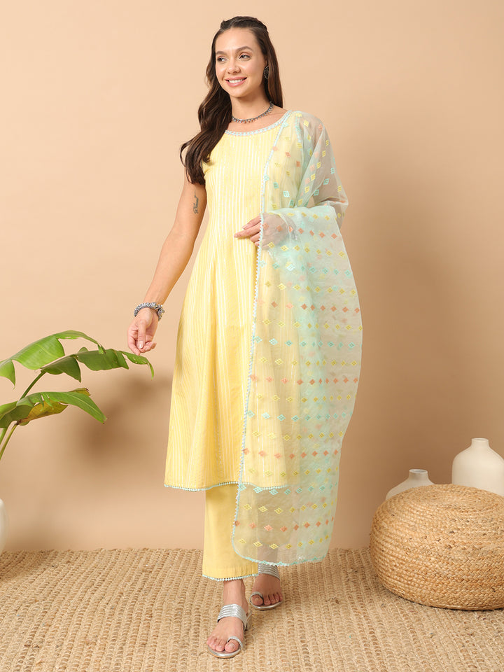 Graceful Light Yellow Suit | Lurex Cotton top bottom with Net dupatta