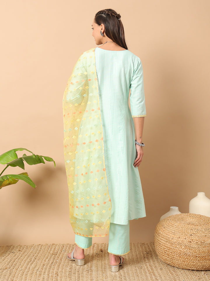 Gorgeous Sea Green Suit | Lurex Cotton top bottom with Net dupatta