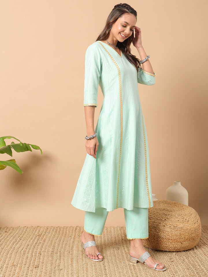 Gorgeous Sea Green Suit | Lurex Cotton top bottom with Net dupatta