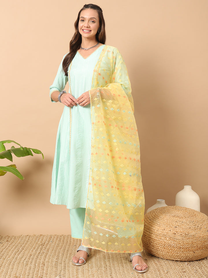Gorgeous Sea Green Suit | Lurex Cotton top bottom with Net dupatta