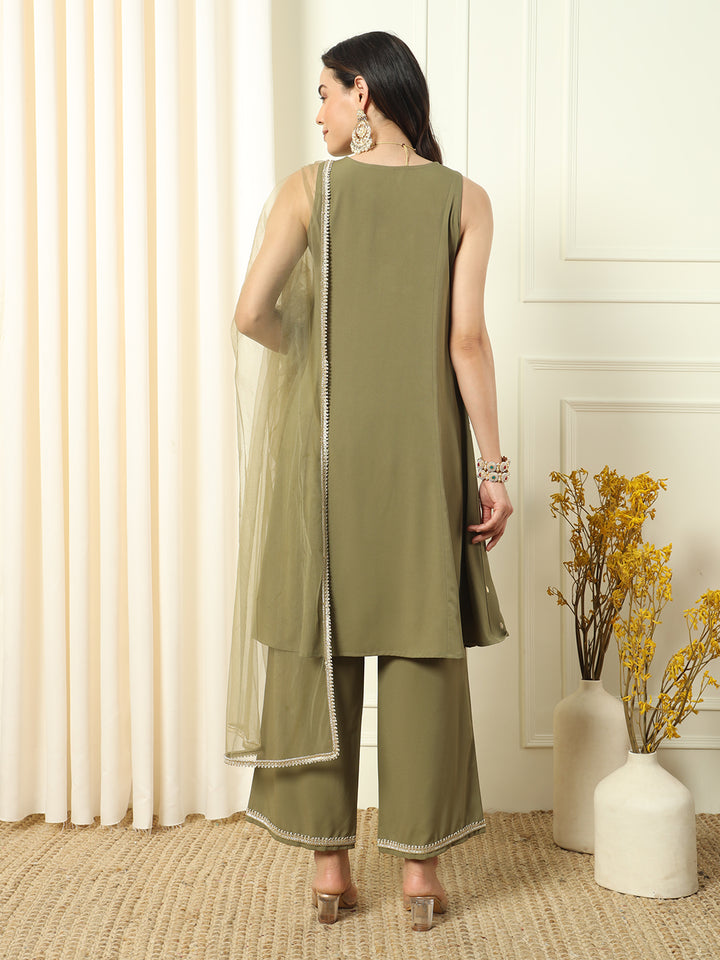 Graceful Olive Suit | Crepe top bottom with Net dupatta