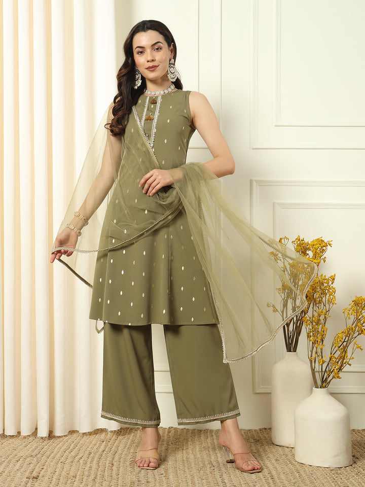 Graceful Olive Suit | Crepe top bottom with Net dupatta