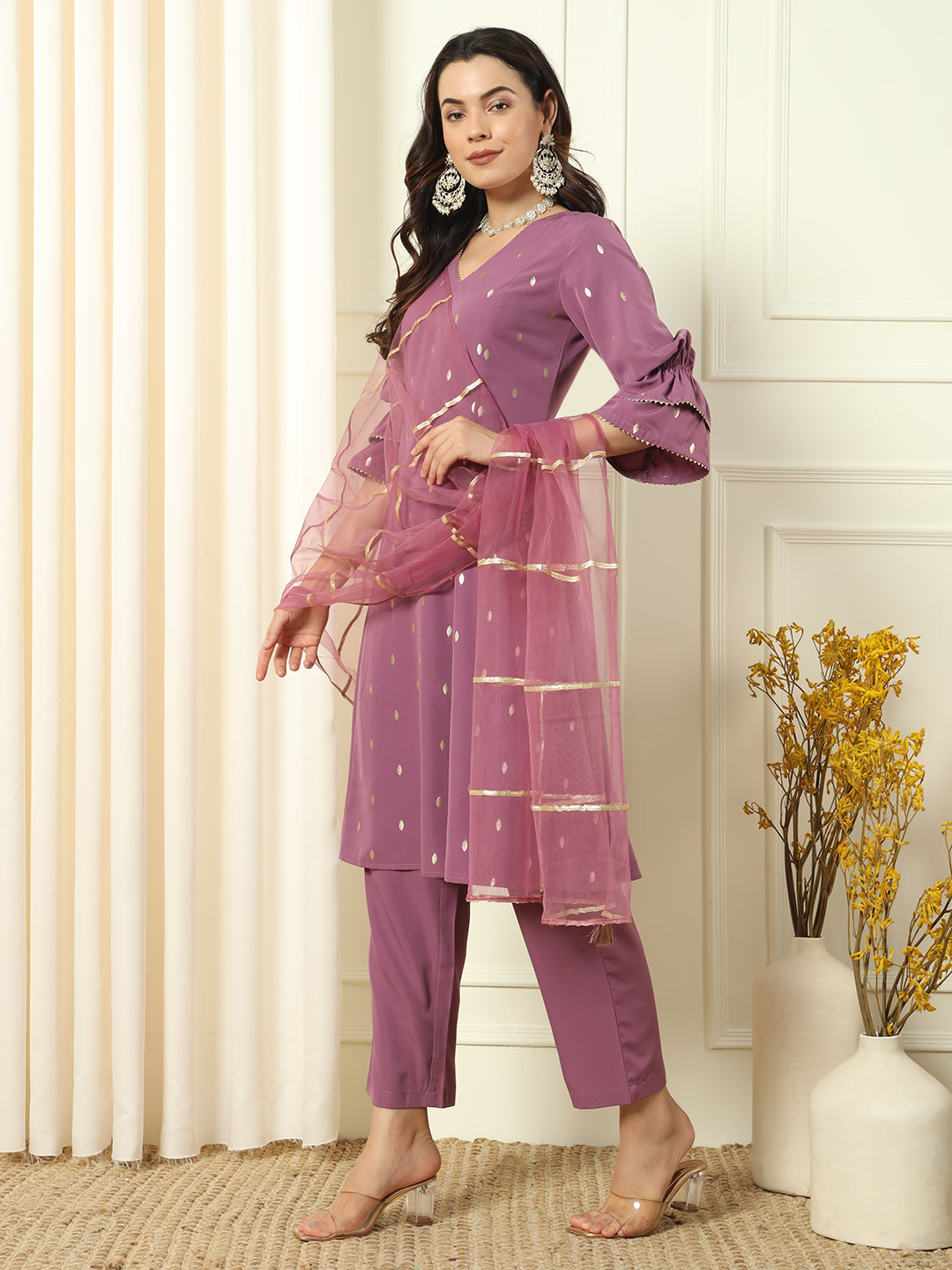Elegant Lavender Suit | Crepe top bottom with Net dupatta