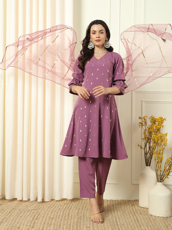 Elegant Lavender Suit | Crepe top bottom with Net dupatta