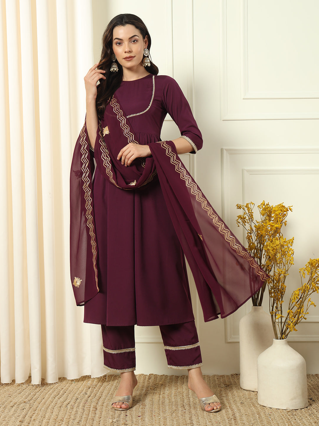 Graceful Wine Suit | Crepe top bottom with dupatta