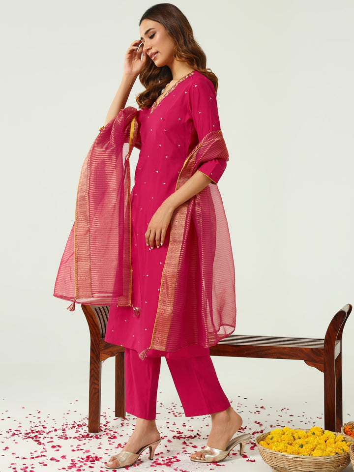 Graceful Bright Pink Suit | Chanderi top bottom with Art Silk dupatta