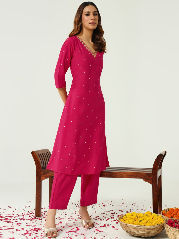 Graceful Bright Pink Suit | Chanderi top bottom with Art Silk dupatta