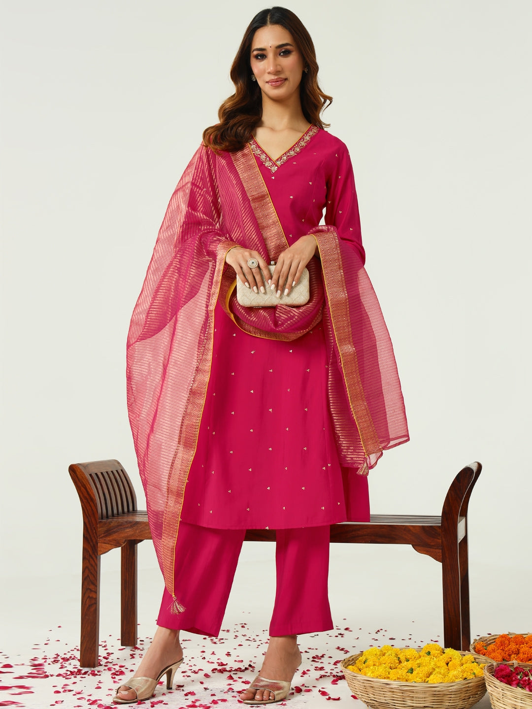 Graceful Bright Pink Suit | Chanderi top bottom with Art Silk dupatta