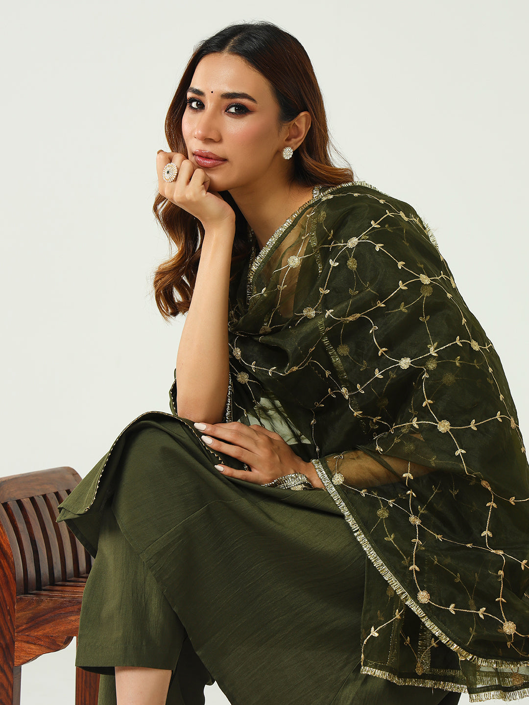 Stunning Mehendi Suit | Silk Blend top bottom with Art Silk dupatta