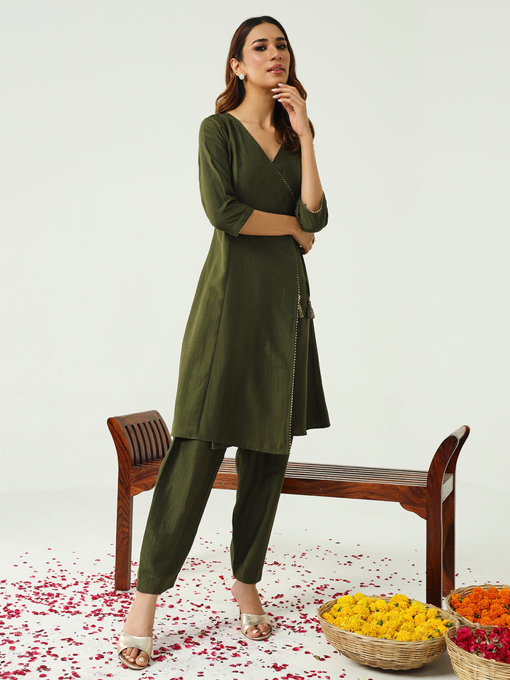 Stunning Mehendi Suit | Silk Blend top bottom with Art Silk dupatta