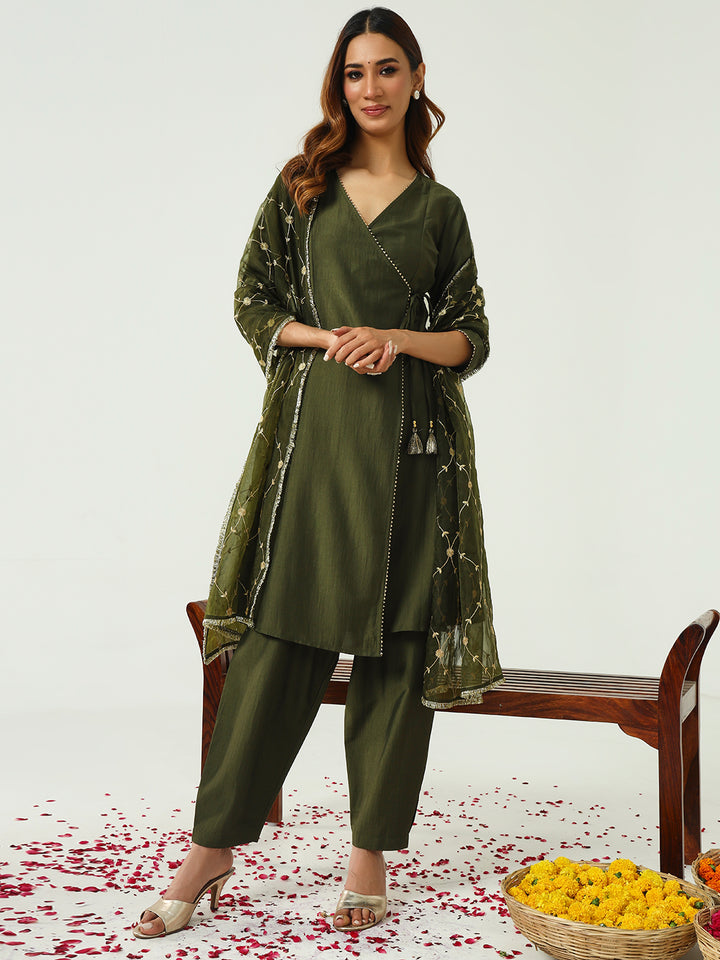 Stunning Mehendi Suit | Silk Blend top bottom with Art Silk dupatta