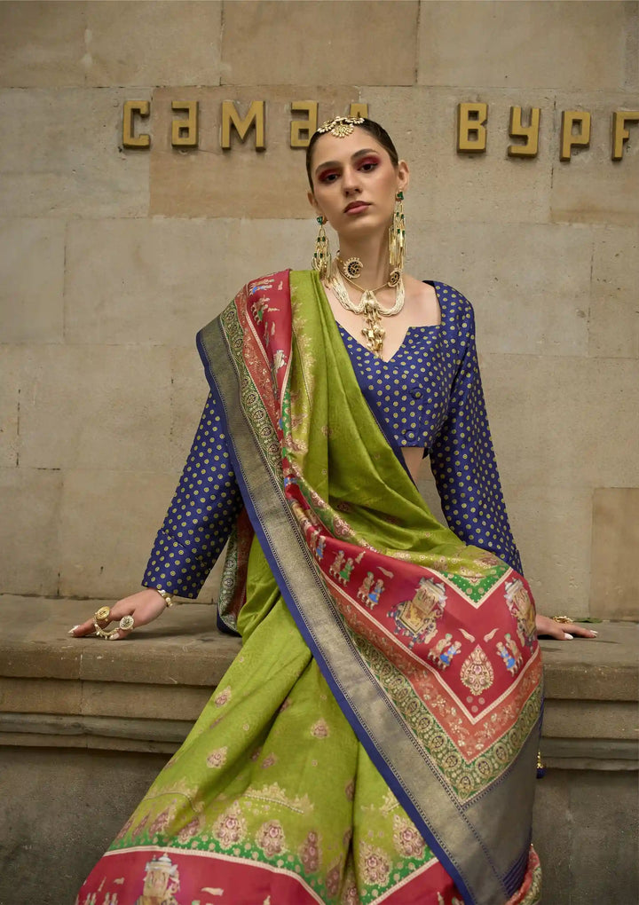Parrot Green Designer P-V Silk Saree | Elegant Weaving-Jari & Printed for Weddings