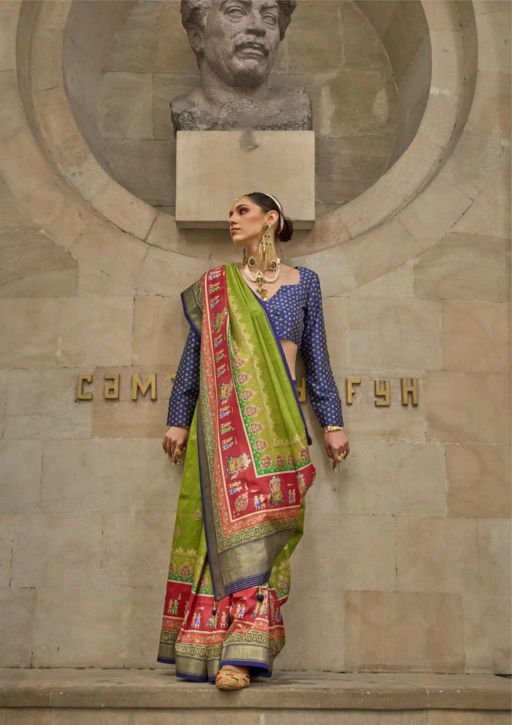 Parrot Green Designer P-V Silk Saree | Elegant Weaving-Jari & Printed for Weddings