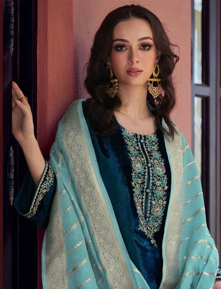 Charming Teal Blue Suit | Velvet top bottom with Jacquard dupatta