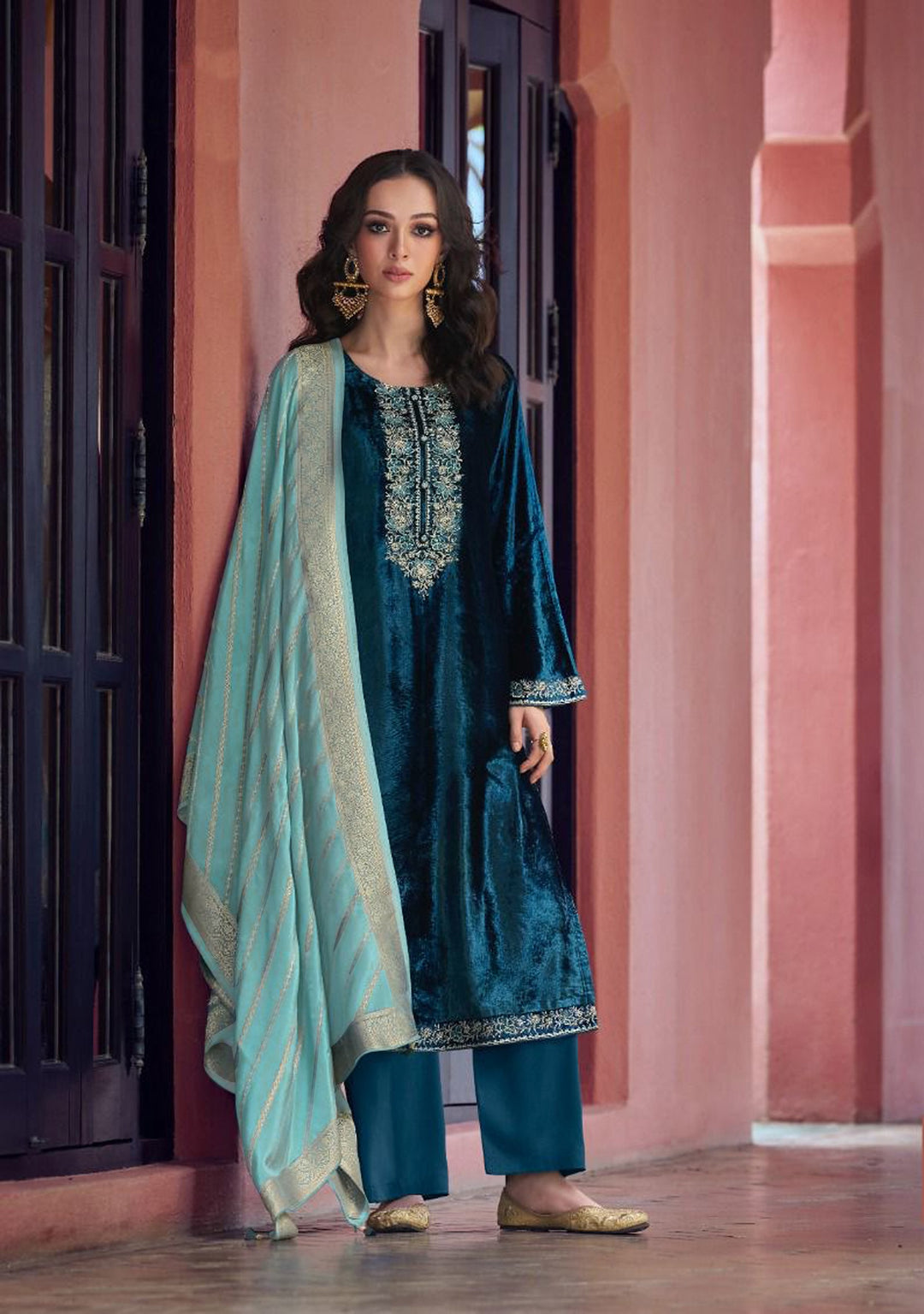 Charming Teal Blue Suit | Velvet top bottom with Jacquard dupatta
