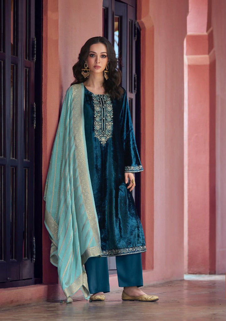 Charming Teal Blue Suit | Velvet top bottom with Jacquard dupatta