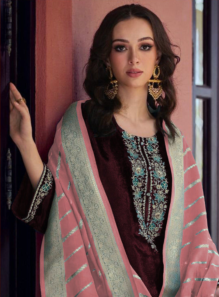Charming Teal Blue Suit | Velvet top bottom with Jacquard dupatta