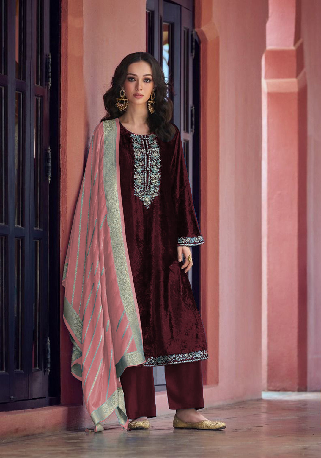 Charming Teal Blue Suit | Velvet top bottom with Jacquard dupatta