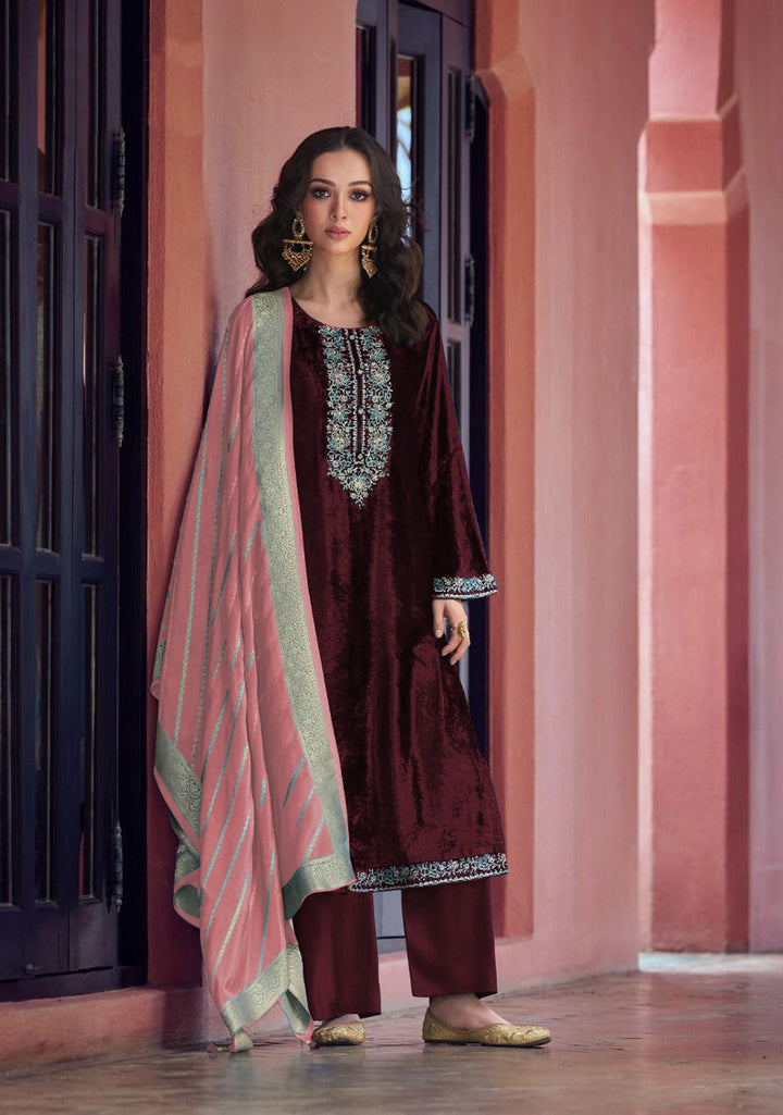 Charming Teal Blue Suit | Velvet top bottom with Jacquard dupatta