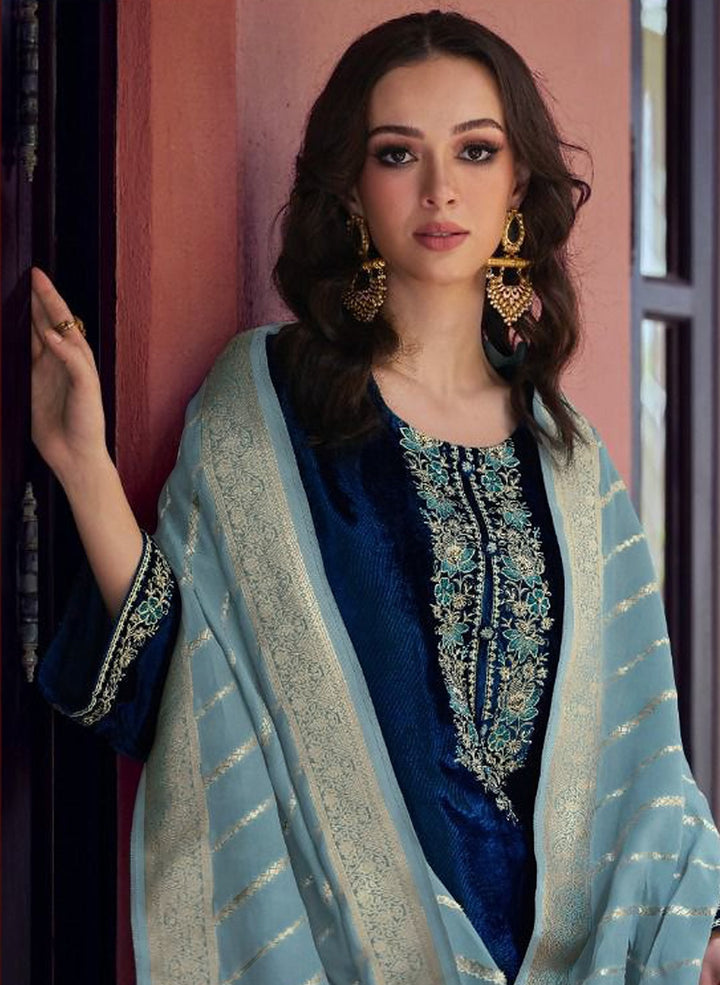 Charming Teal Blue Suit | Velvet top bottom with Jacquard dupatta