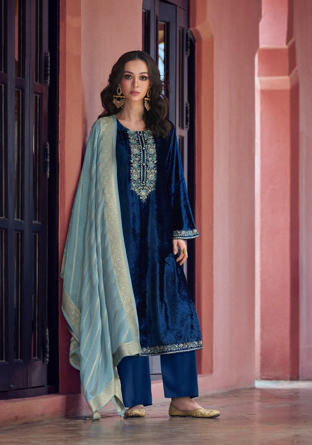 Charming Teal Blue Suit | Velvet top bottom with Jacquard dupatta