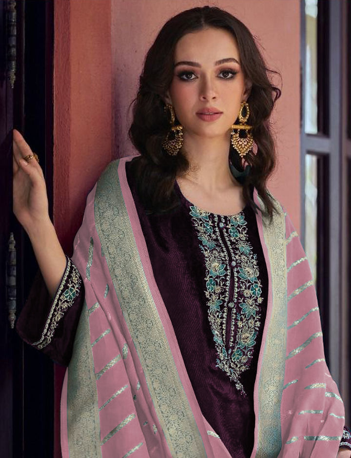 Charming Teal Blue Suit | Velvet top bottom with Jacquard dupatta