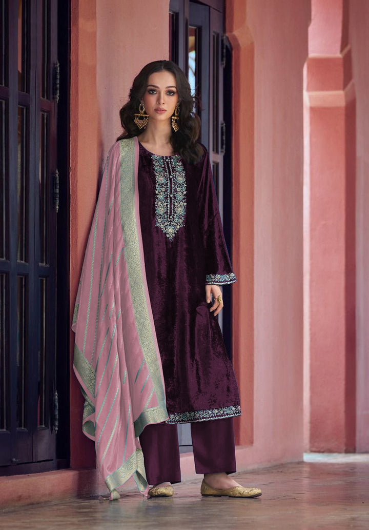 Charming Teal Blue Suit | Velvet top bottom with Jacquard dupatta