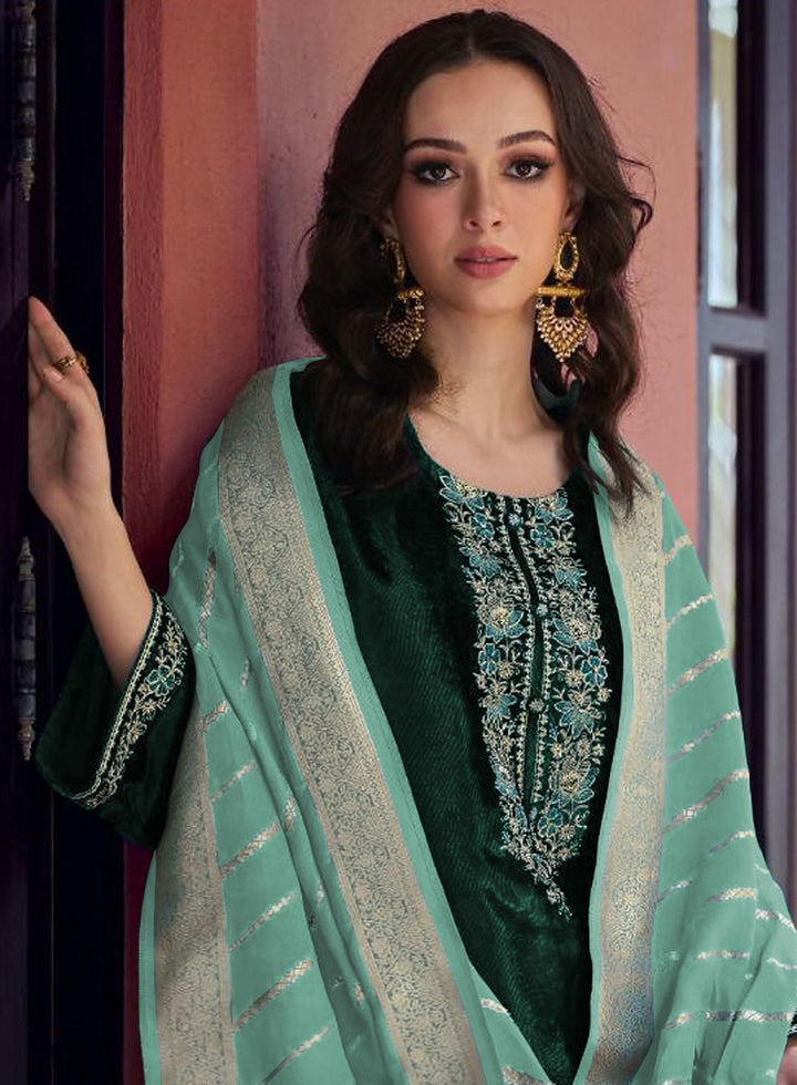 Charming Teal Blue Suit | Velvet top bottom with Jacquard dupatta