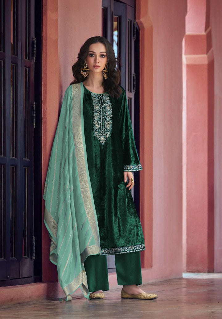 Charming Teal Blue Suit | Velvet top bottom with Jacquard dupatta