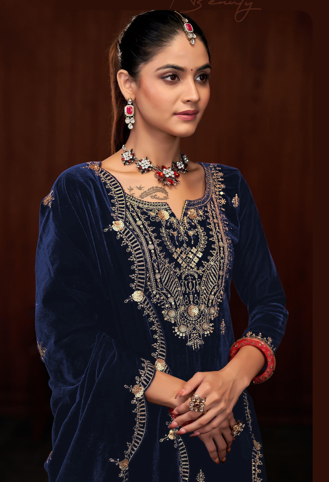 Graceful Navy Suit | Velvet top bottom with Jacquard dupatta