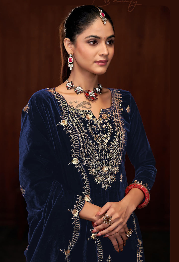 Graceful Navy Suit | Velvet top bottom with Jacquard dupatta