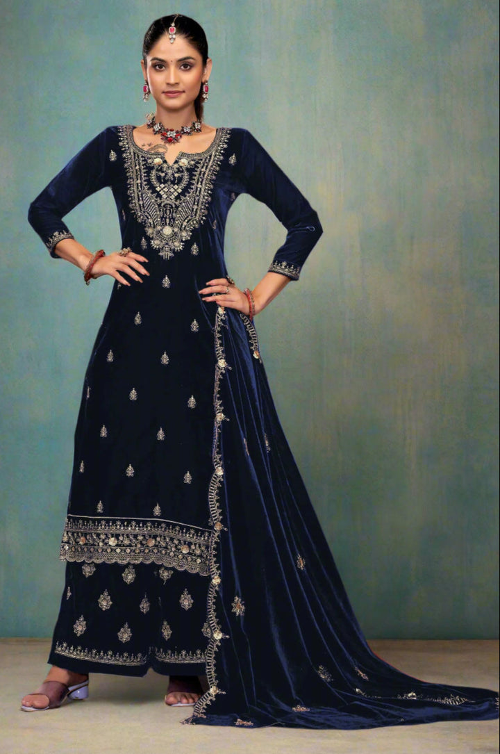 Graceful Navy Suit | Velvet top bottom with Jacquard dupatta