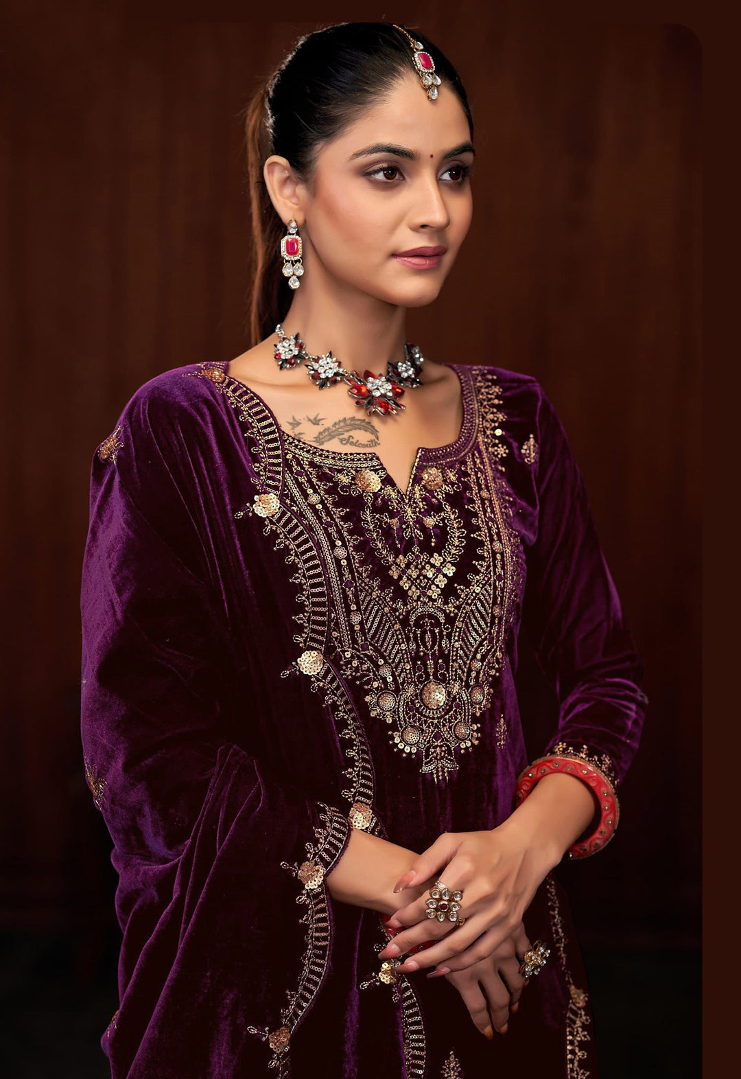 Graceful Navy Suit | Velvet top bottom with Jacquard dupatta