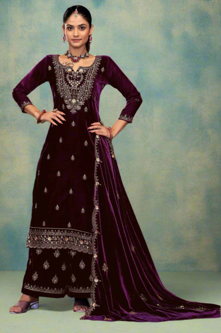 Graceful Navy Suit | Velvet top bottom with Jacquard dupatta
