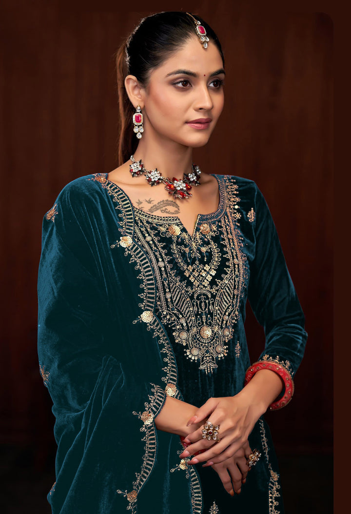 Graceful Navy Suit | Velvet top bottom with Jacquard dupatta
